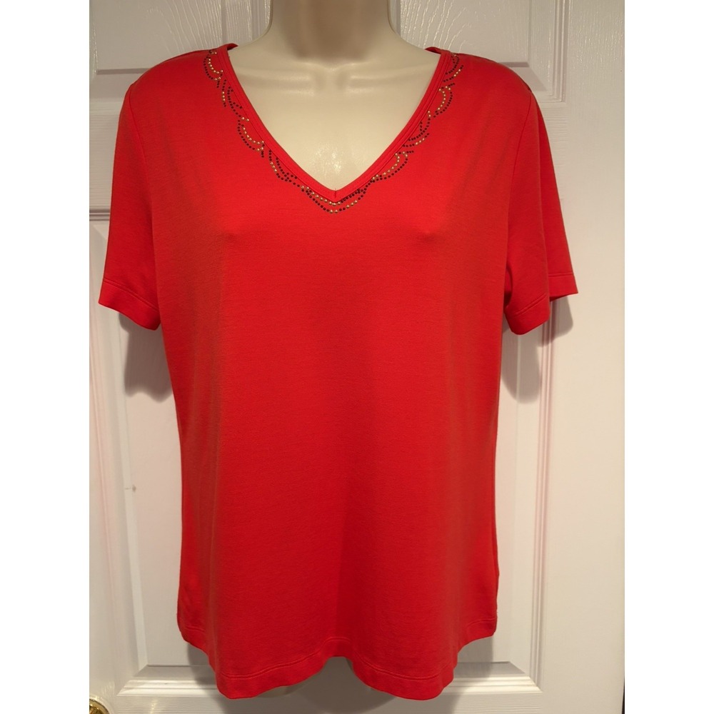 ST JOHN Red V Neck Top Size M NWT Rhinestone Stretch Knit Luxury Designer